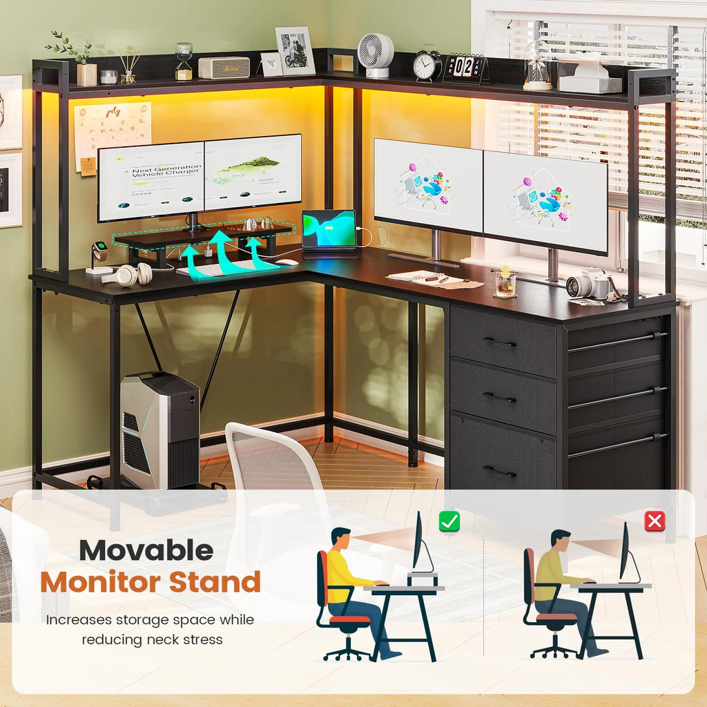 L Shaped Gaming Desk with Hutch and Drawers, Black C619