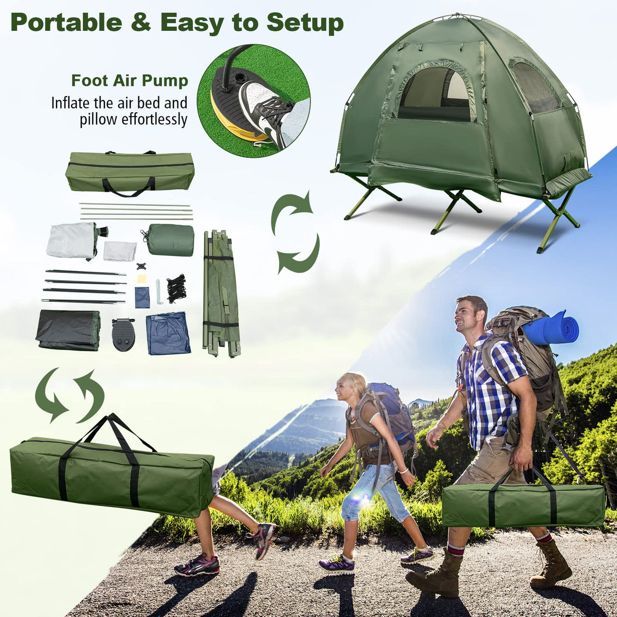 1-Person 5-in-1 Tent Cot with Air Mattress, Sleeping Bag, Carrying Bag I666663
