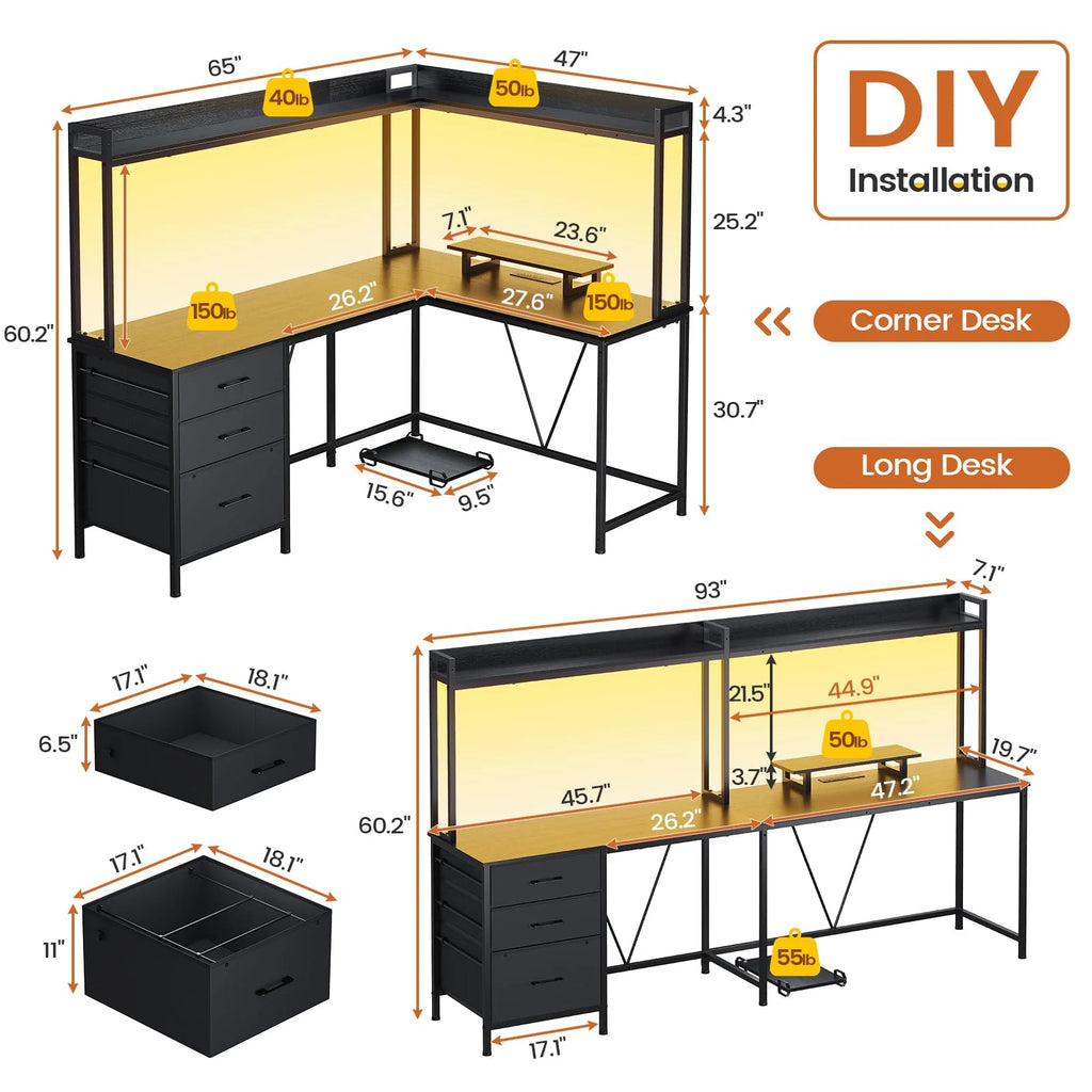 L Shaped Gaming Desk with Hutch and Drawers, Black C619