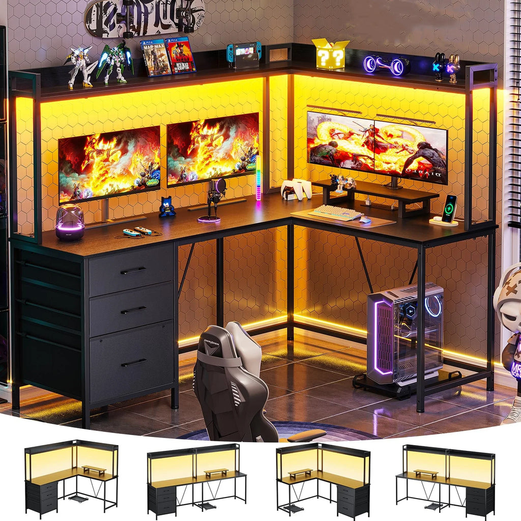 L Shaped Gaming Desk with Hutch and Drawers, Black C619