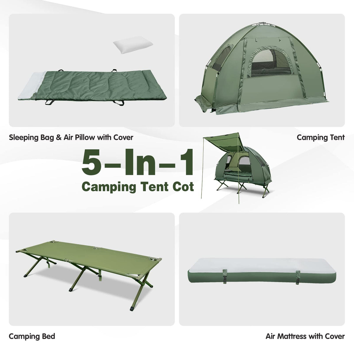 1-Person 5-in-1 Tent Cot with Air Mattress, Sleeping Bag, Carrying Bag I666663