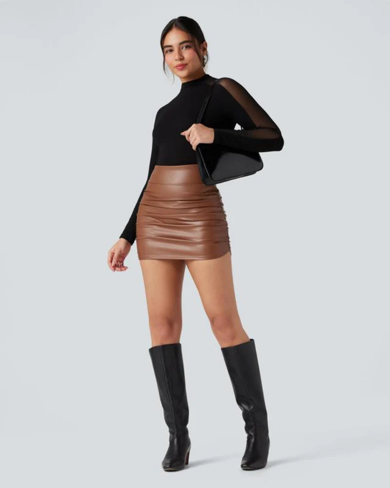 High Waisted Tummy Control Ruched Fleece Mini Skirt Q710