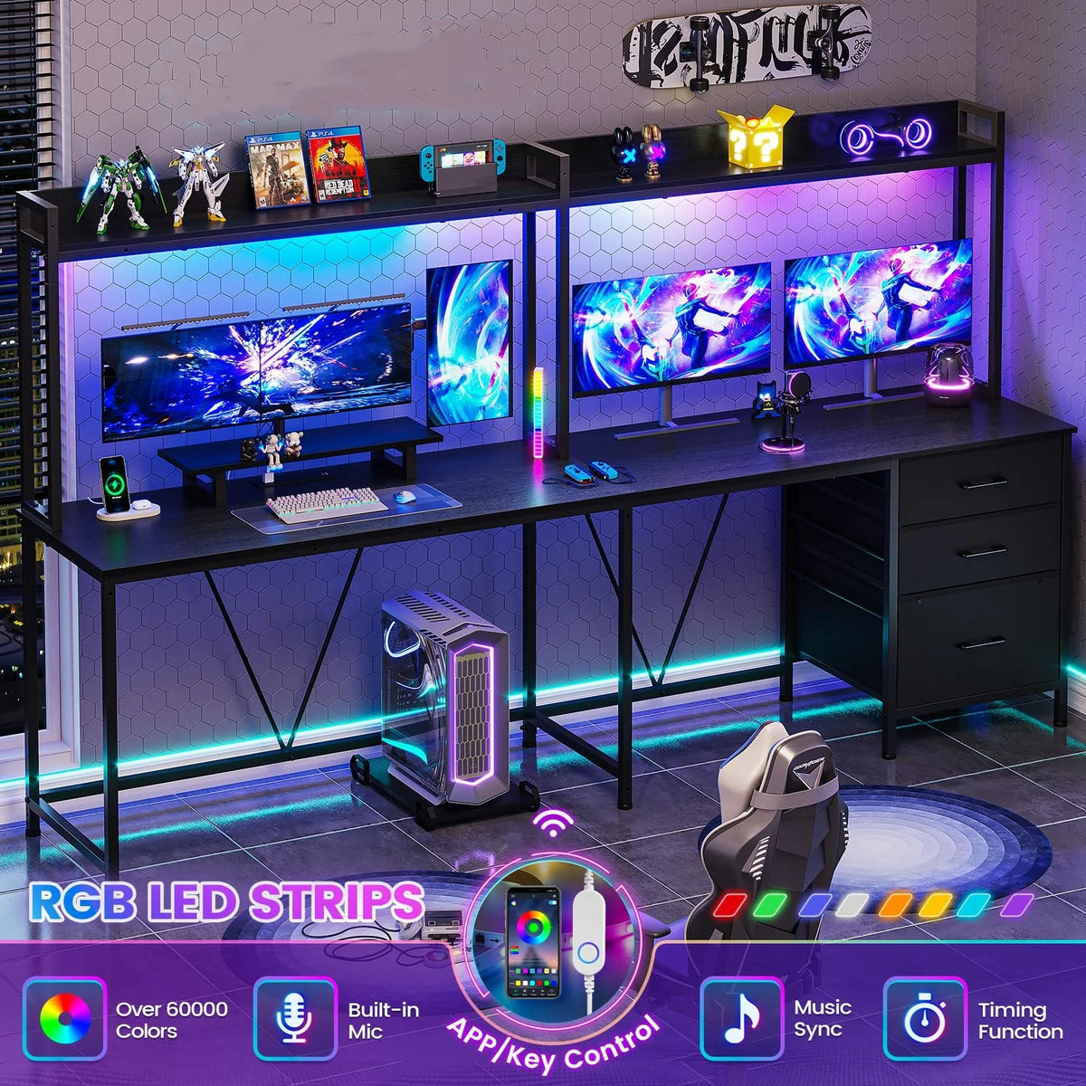 L Shaped Gaming Desk with Hutch and Drawers, Black C619