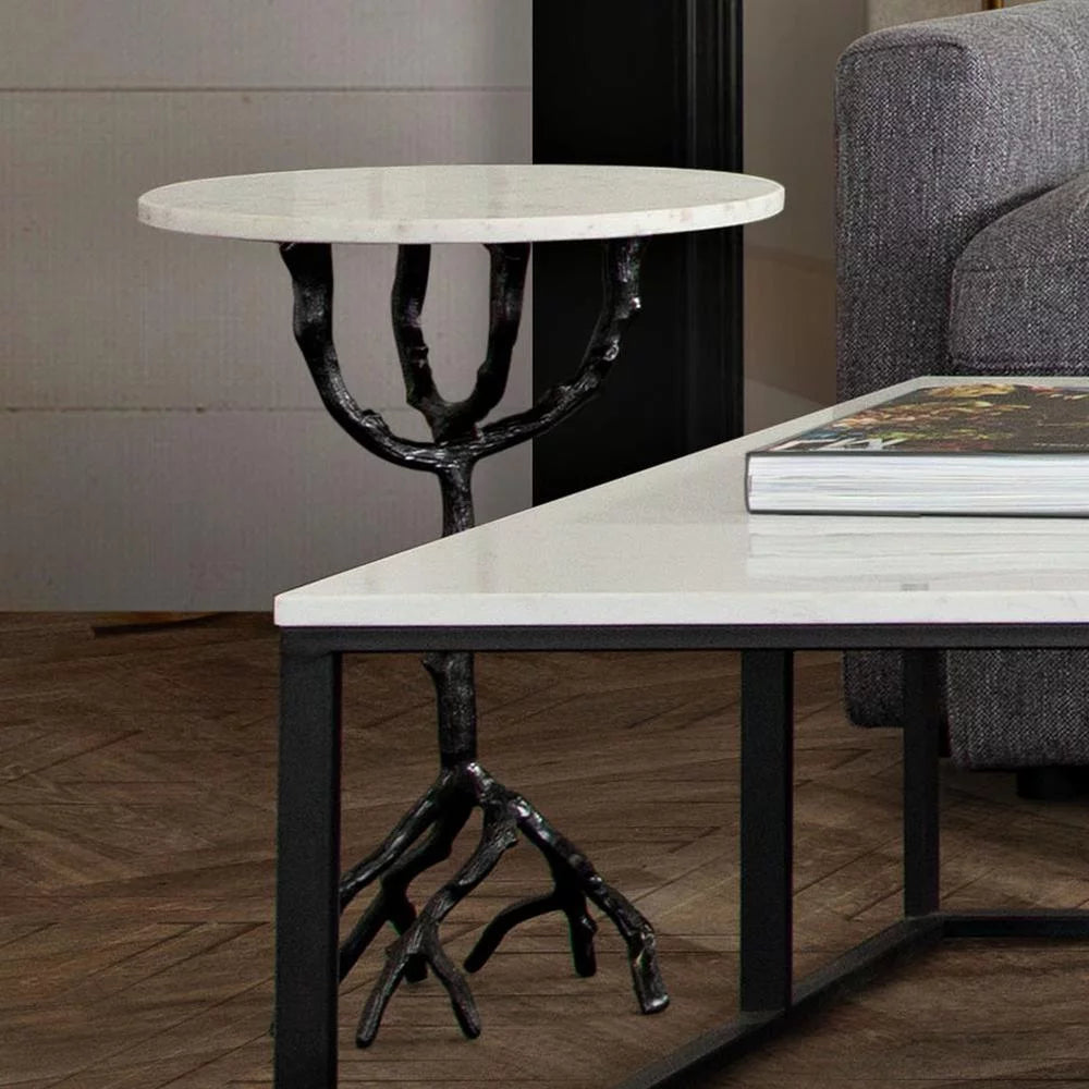 Birch Round Accent Table with Marble Top P16090