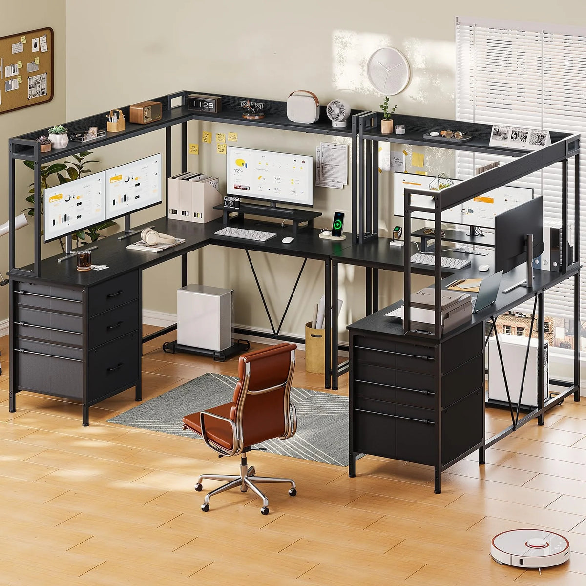 L Shaped Gaming Desk with Hutch and Drawers, Black C619