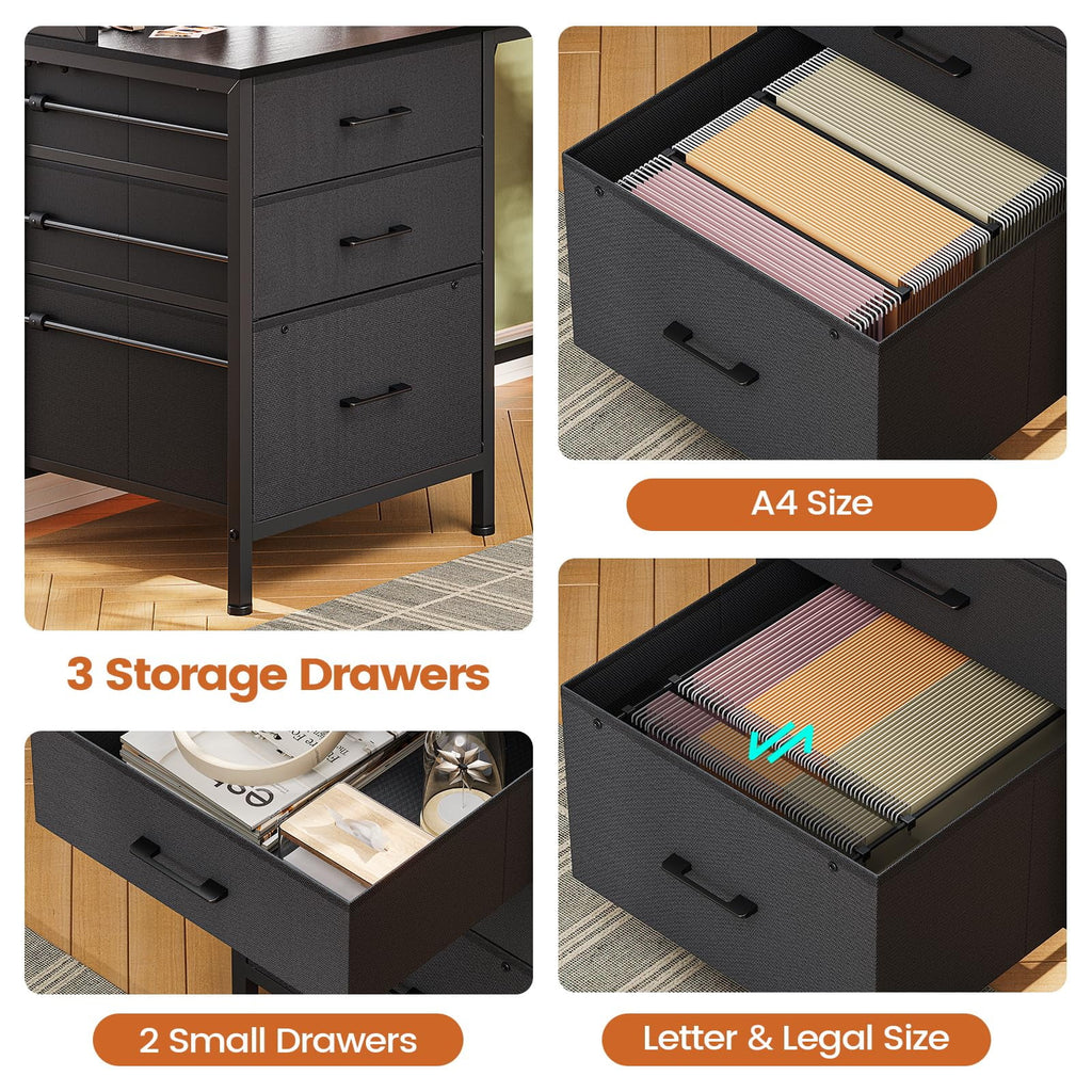 L Shaped Gaming Desk with Hutch and Drawers, Black C619